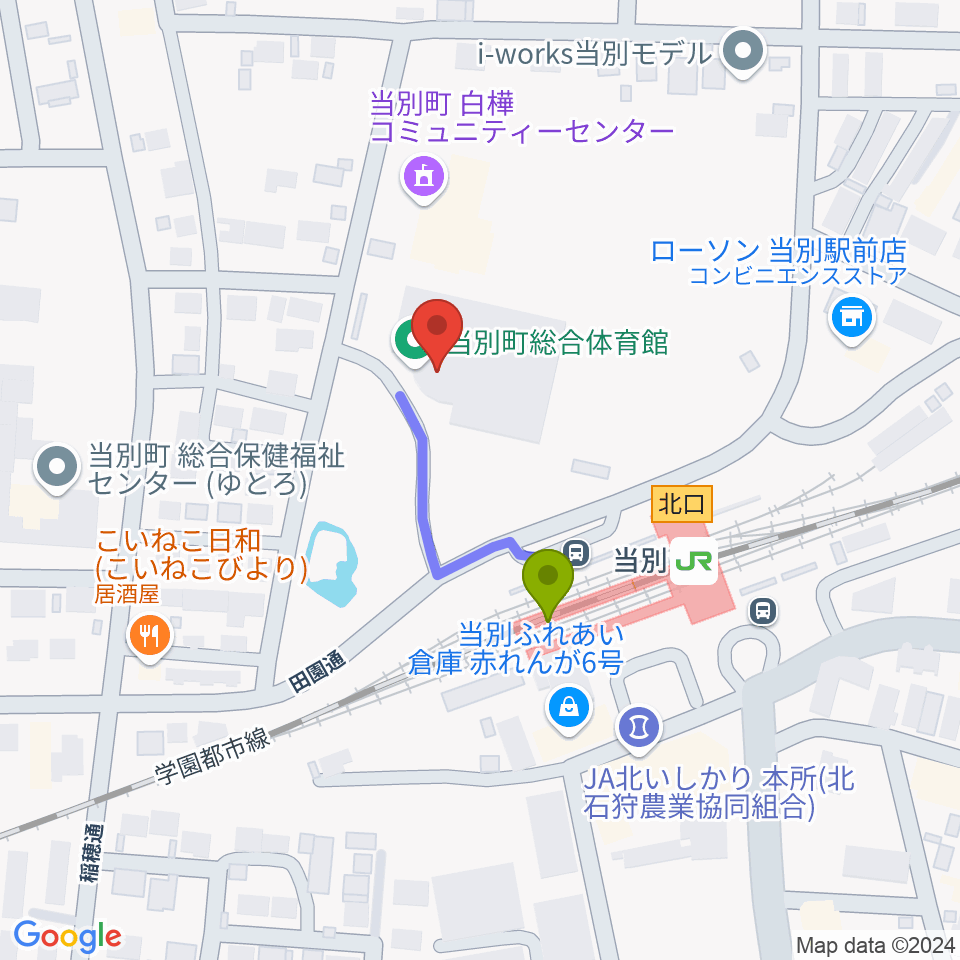 当別町総合体育館の最寄駅石狩当別駅からの徒歩ルート（約2分）地図