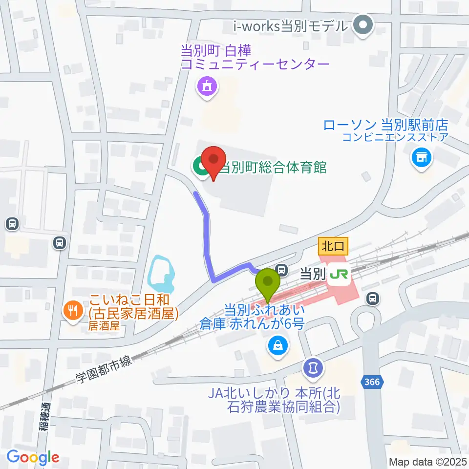 当別町総合体育館の最寄駅石狩当別駅からの徒歩ルート（約2分）地図