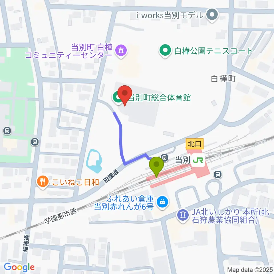当別町総合体育館の最寄駅石狩当別駅からの徒歩ルート（約2分）地図