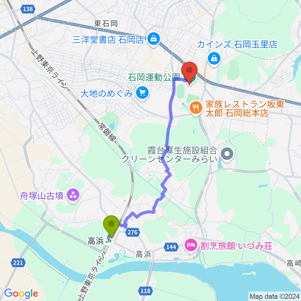 石岡市運動公園体育館の最寄駅高浜駅からの徒歩ルート（約35分）地図