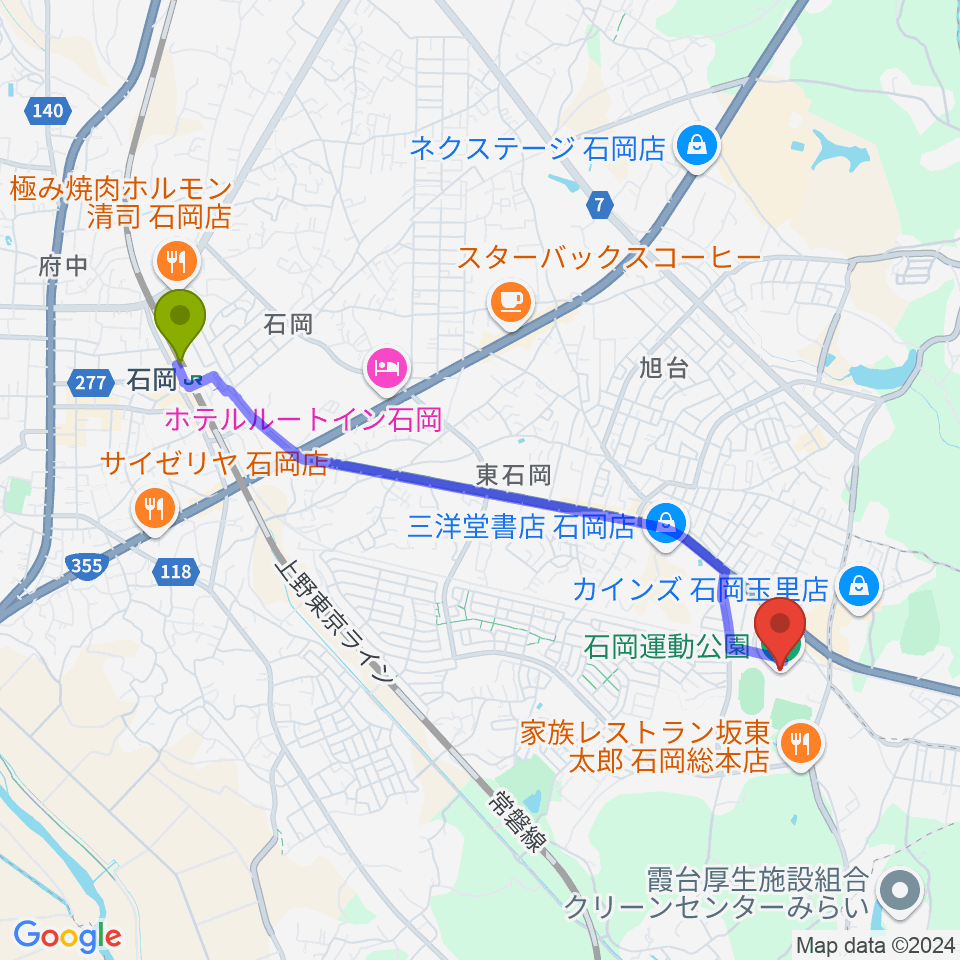 石岡駅から石岡市運動公園体育館へのルートマップ地図