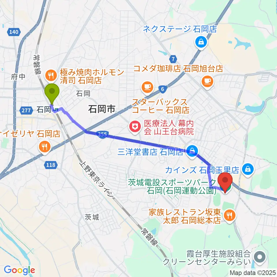 石岡駅から石岡市運動公園体育館へのルートマップ地図