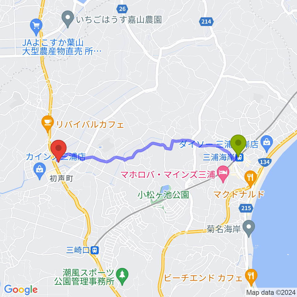 三浦海岸駅から三浦市総合体育館 潮風アリーナへのルートマップ地図