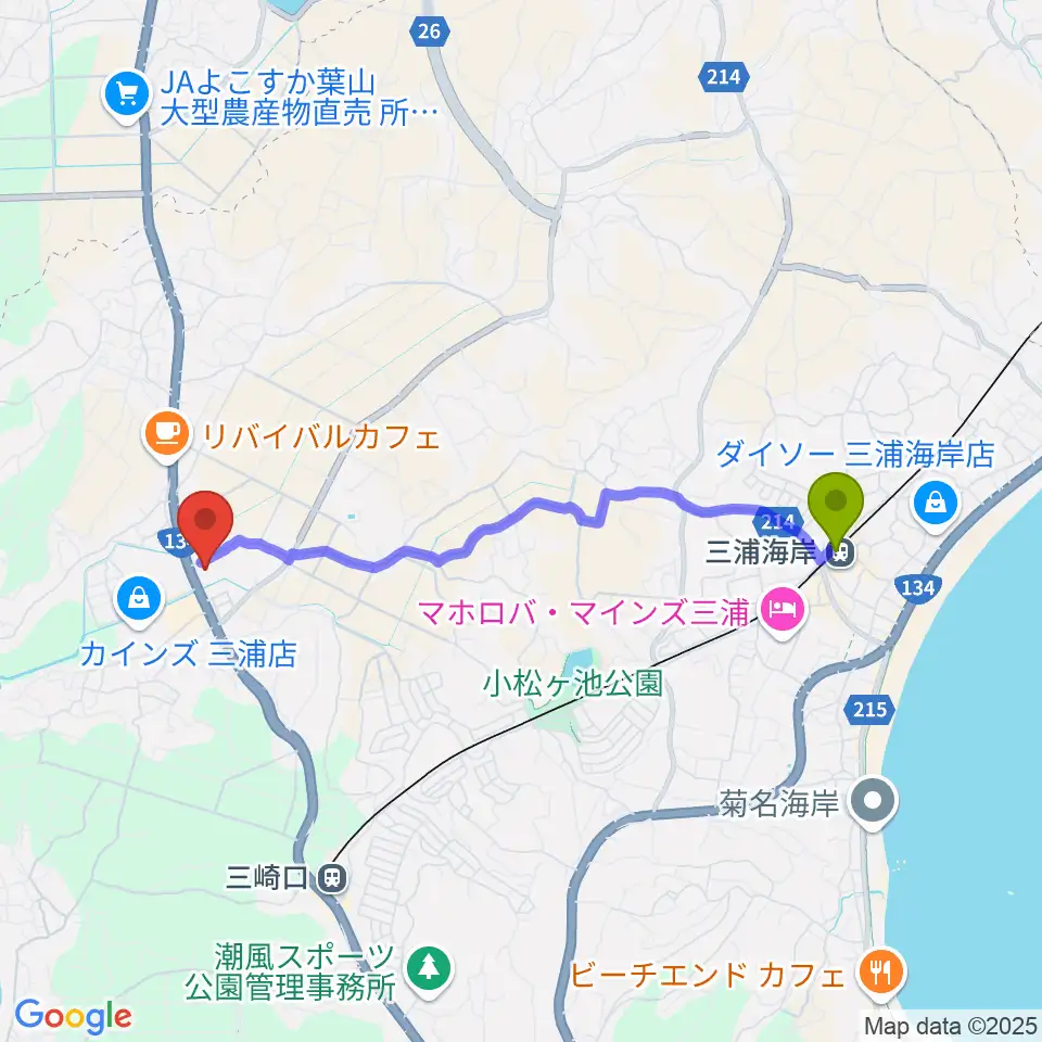 三浦海岸駅から三浦市総合体育館 潮風アリーナへのルートマップ地図