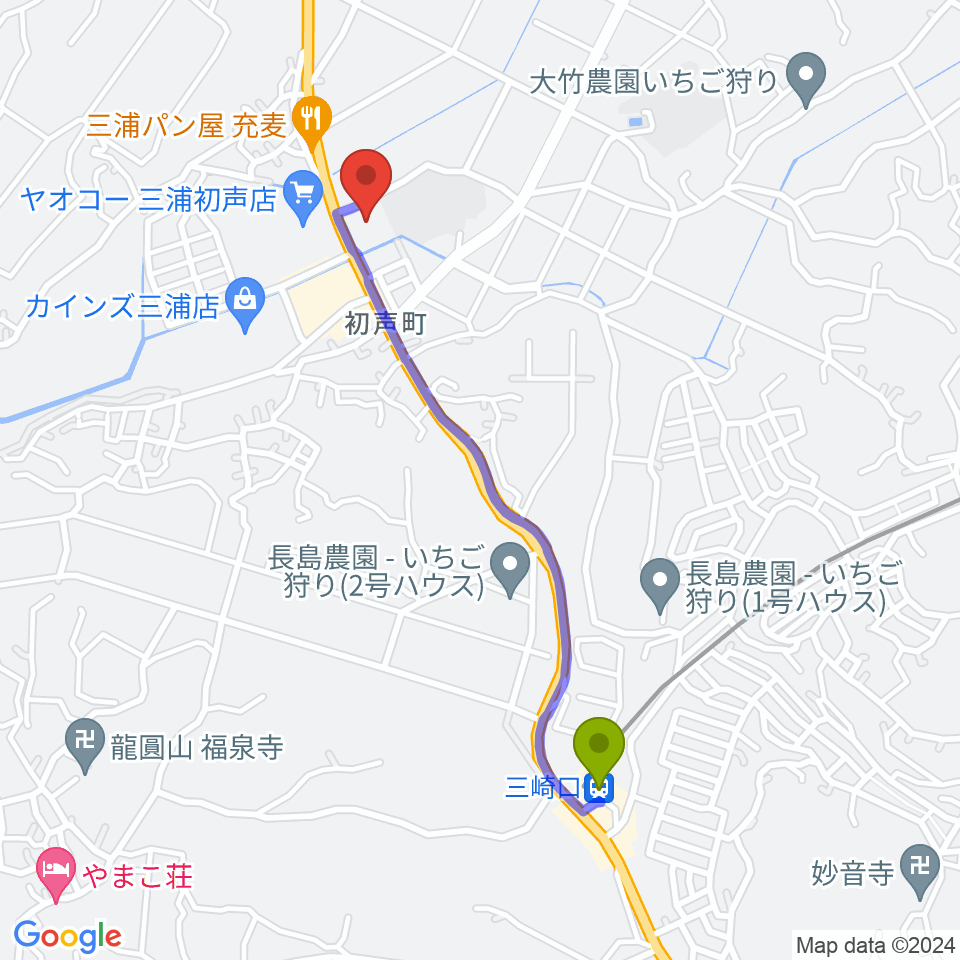 三浦市総合体育館 潮風アリーナの最寄駅三崎口駅からの徒歩ルート（約20分）地図