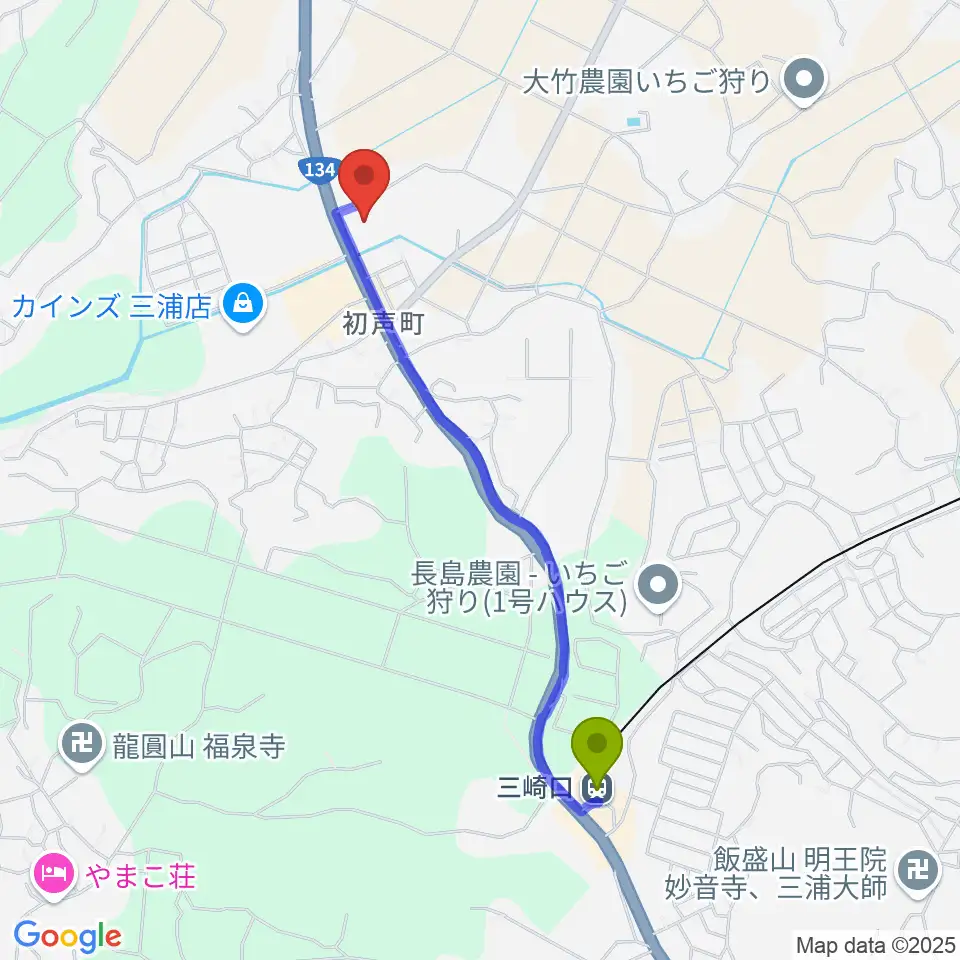 三浦市総合体育館 潮風アリーナの最寄駅三崎口駅からの徒歩ルート（約20分）地図