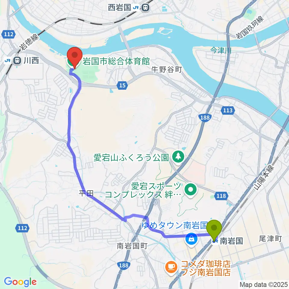 南岩国駅から岩国市総合体育館へのルートマップ地図