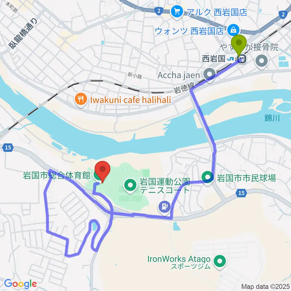 西岩国駅から岩国市総合体育館へのルートマップ地図