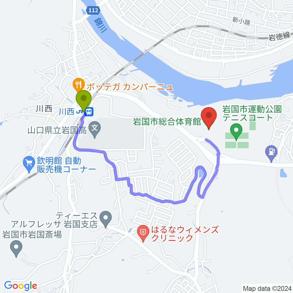 岩国市総合体育館の最寄駅川西駅からの徒歩ルート（約14分）地図