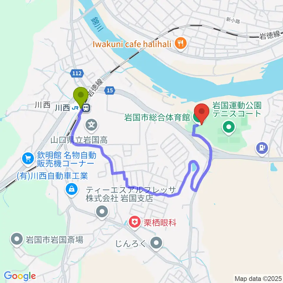 岩国市総合体育館の最寄駅川西駅からの徒歩ルート（約14分）地図