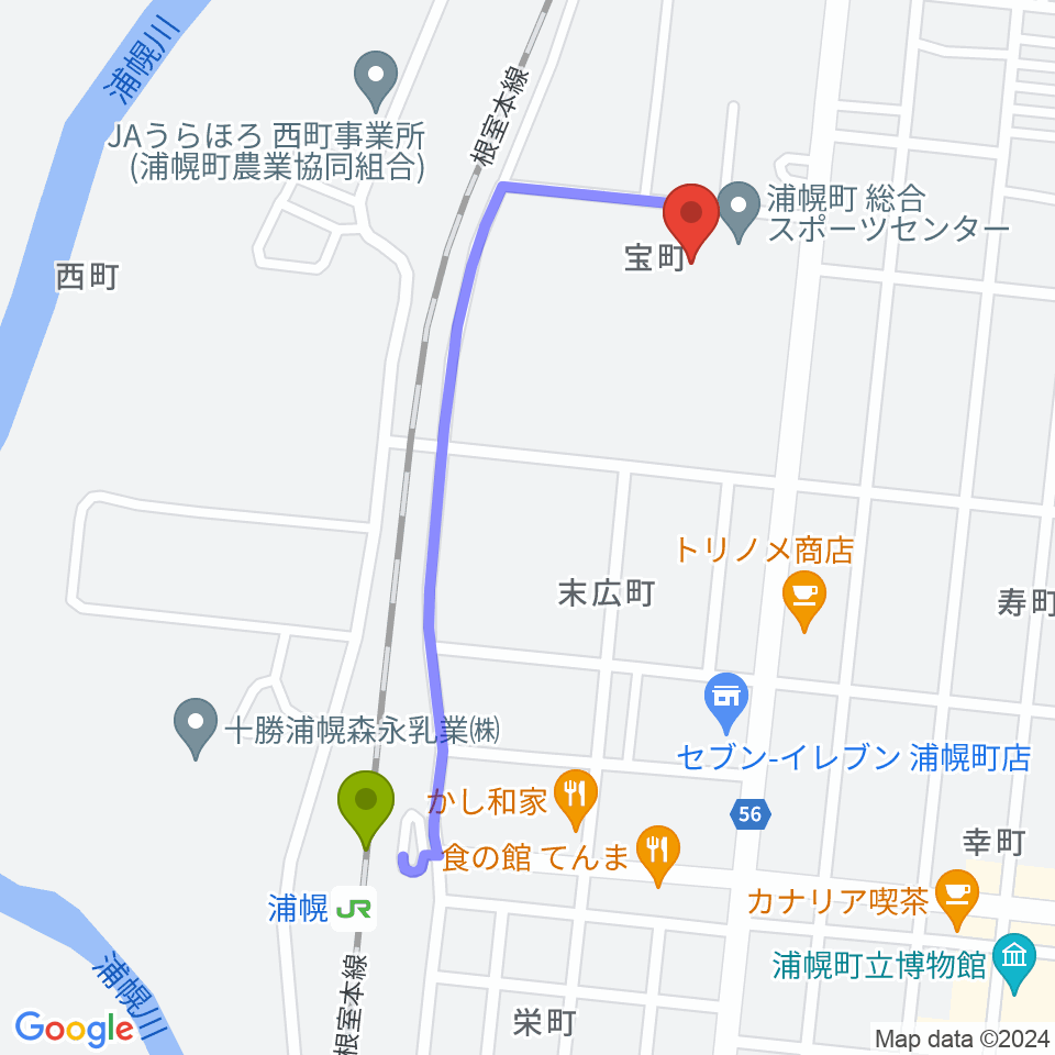 浦幌町総合スポーツセンターの最寄駅浦幌駅からの徒歩ルート（約9分）地図