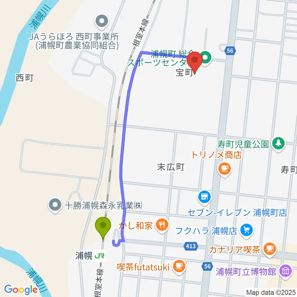 浦幌町総合スポーツセンターの最寄駅浦幌駅からの徒歩ルート（約9分）地図