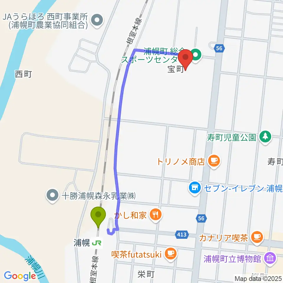 浦幌町総合スポーツセンターの最寄駅浦幌駅からの徒歩ルート（約9分）地図