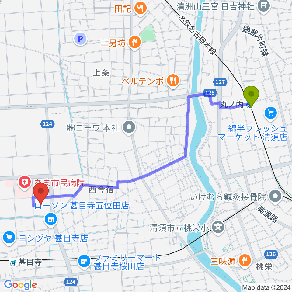 丸ノ内駅からあま市甚目寺総合体育館へのルートマップ地図