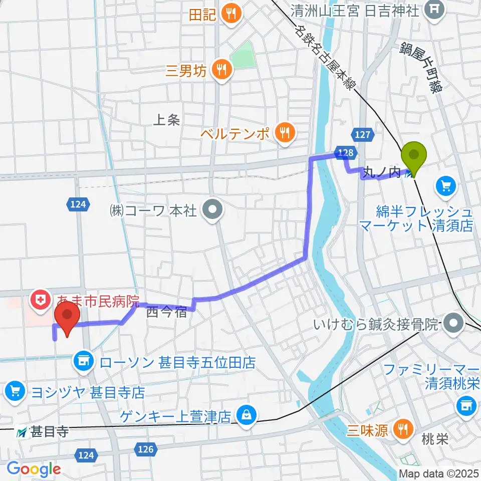 丸ノ内駅からあま市甚目寺総合体育館へのルートマップ地図