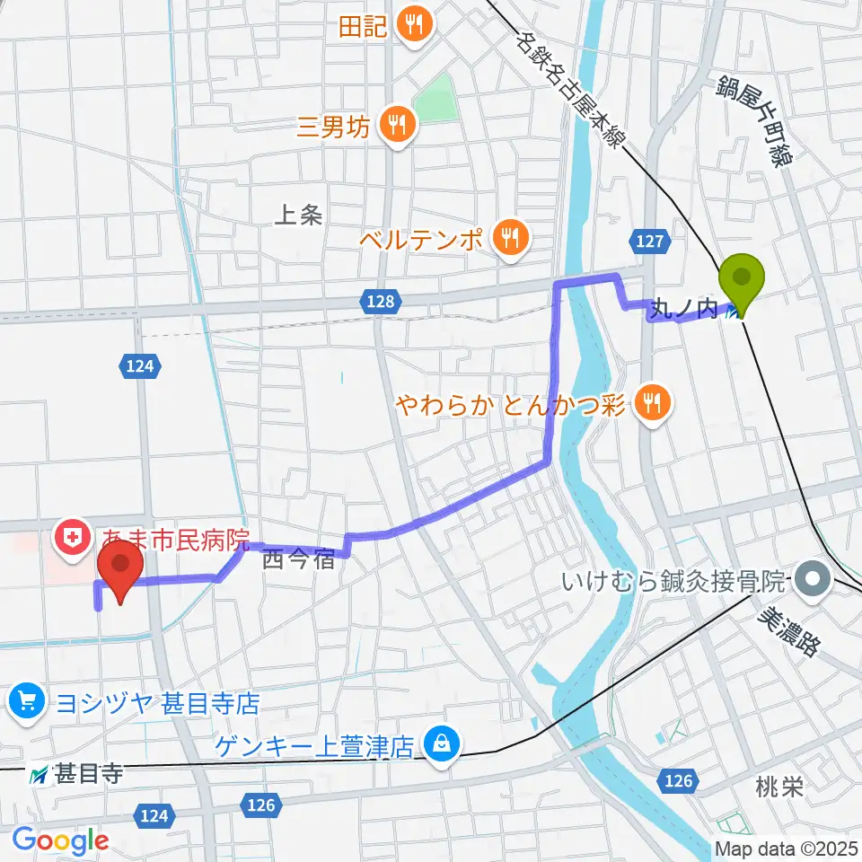 丸ノ内駅からあま市甚目寺総合体育館へのルートマップ地図