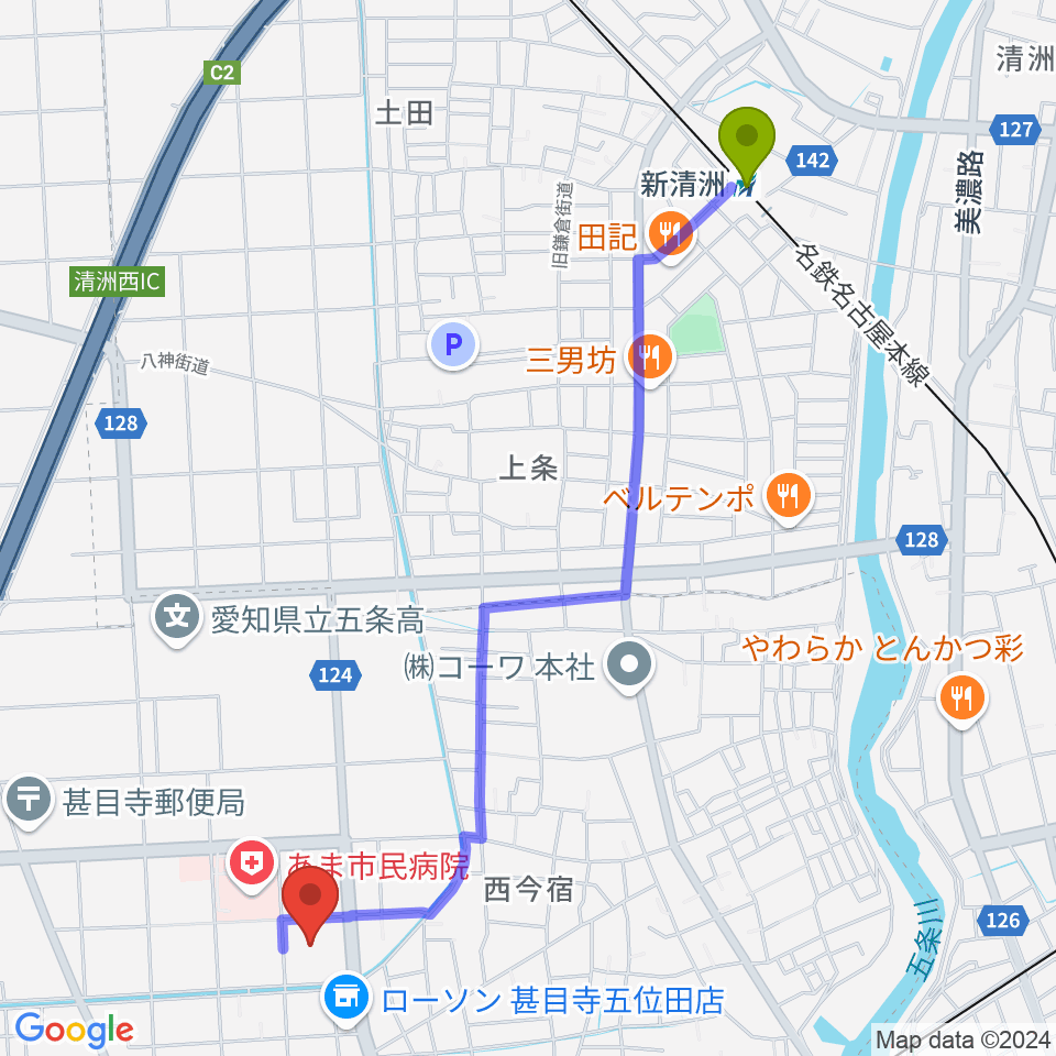 新清洲駅からあま市甚目寺総合体育館へのルートマップ地図