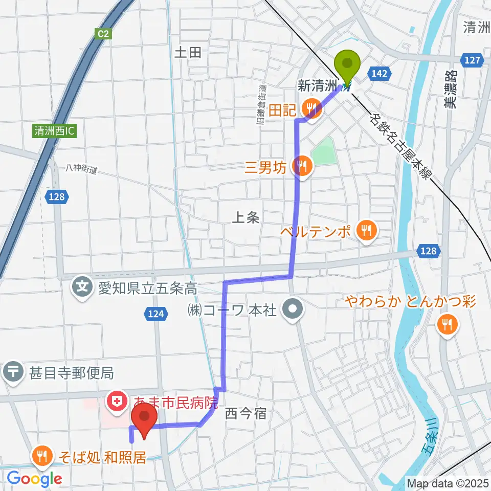 新清洲駅からあま市甚目寺総合体育館へのルートマップ地図