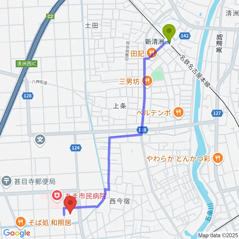 新清洲駅からあま市甚目寺総合体育館へのルートマップ地図