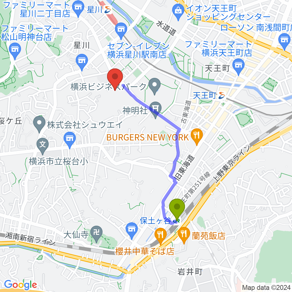 保土ケ谷駅から横浜市保土ケ谷スポーツセンターへのルートマップ地図