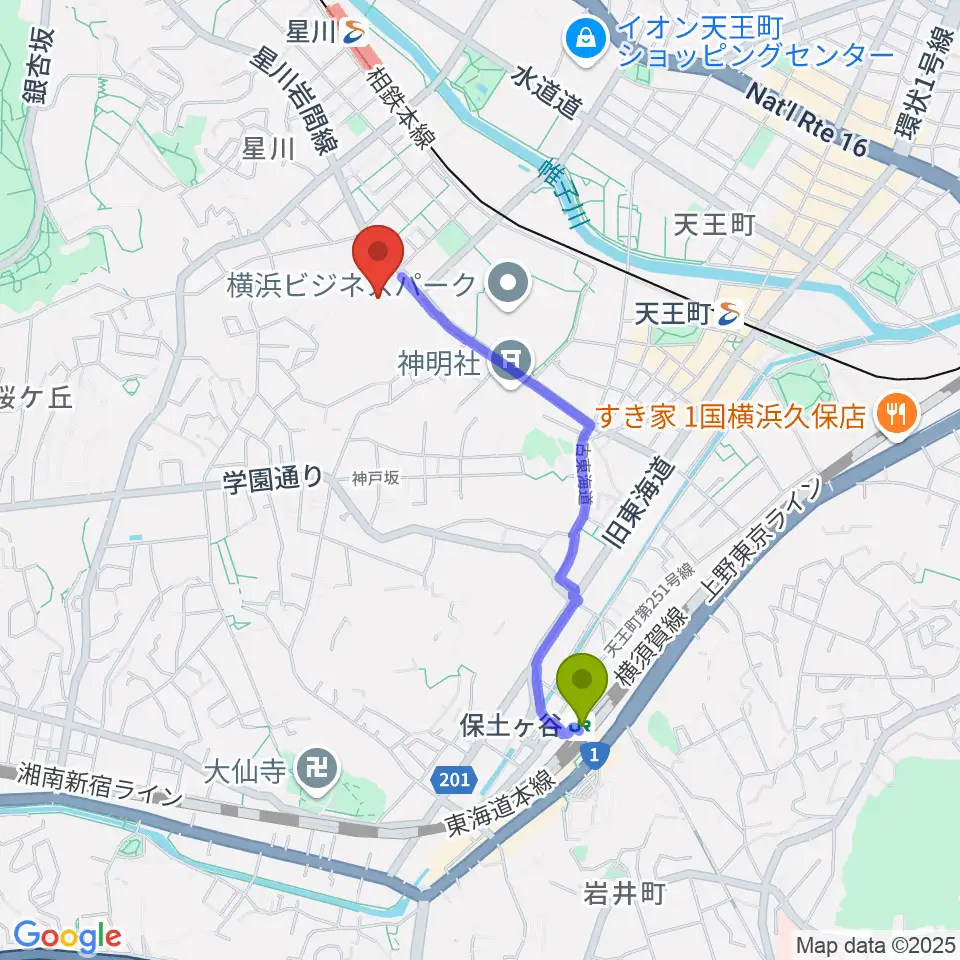 保土ケ谷駅から横浜市保土ケ谷スポーツセンターへのルートマップ地図