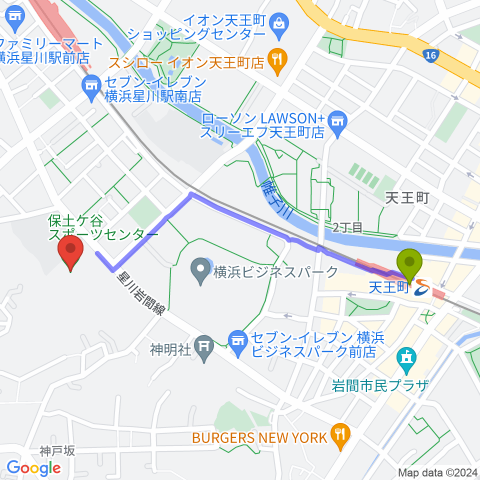 天王町駅から横浜市保土ケ谷スポーツセンターへのルートマップ地図