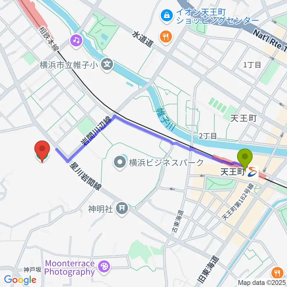 天王町駅から横浜市保土ケ谷スポーツセンターへのルートマップ地図