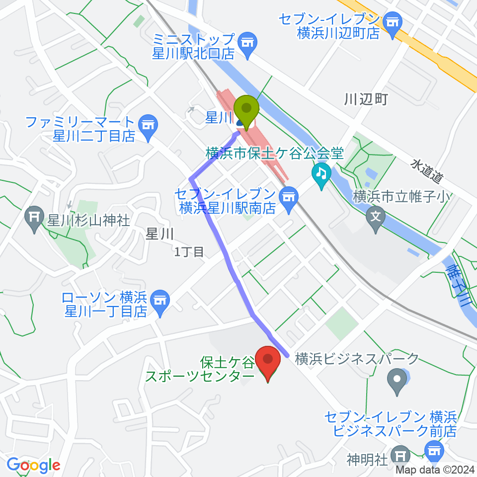 横浜市保土ケ谷スポーツセンターの最寄駅星川駅からの徒歩ルート（約8分）地図