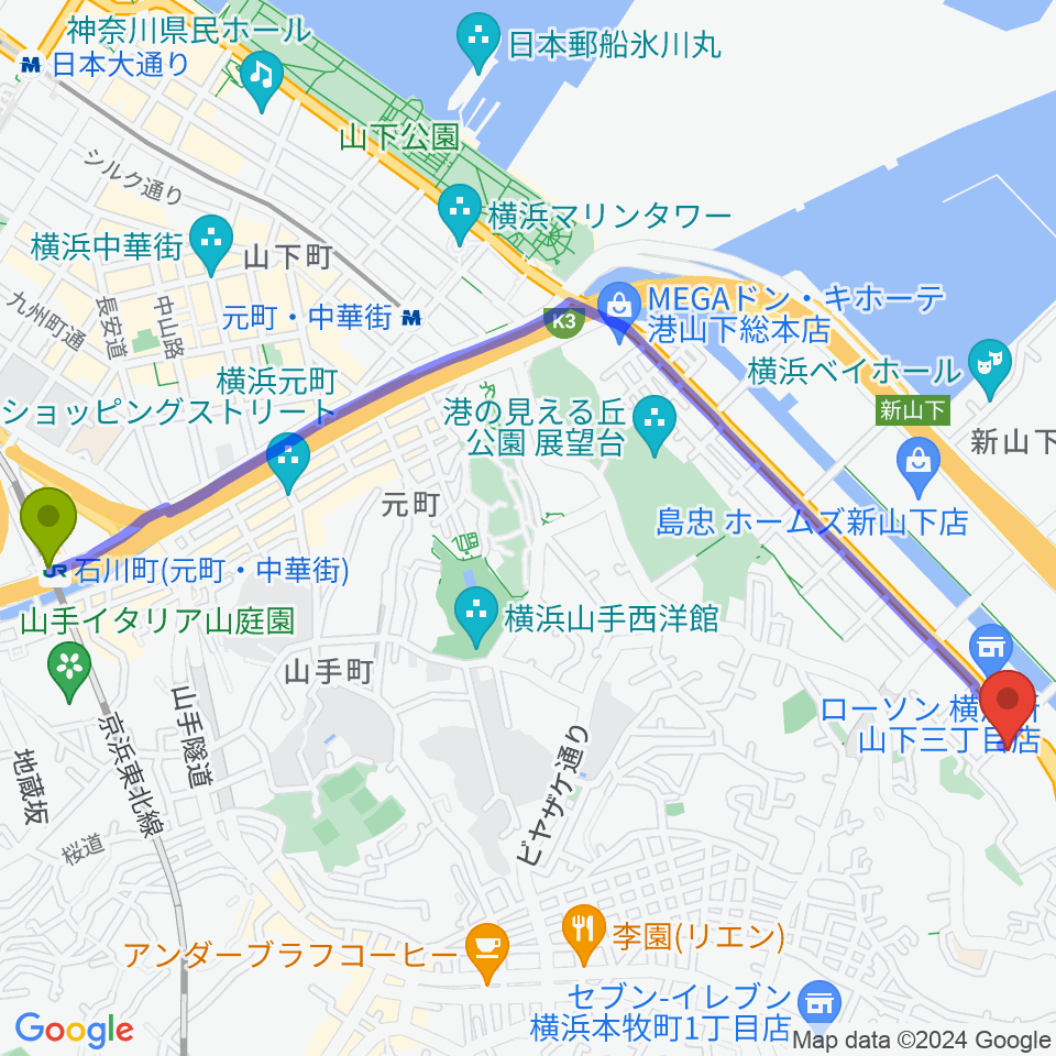 石川町駅から横浜市中スポーツセンターへのルートマップ地図