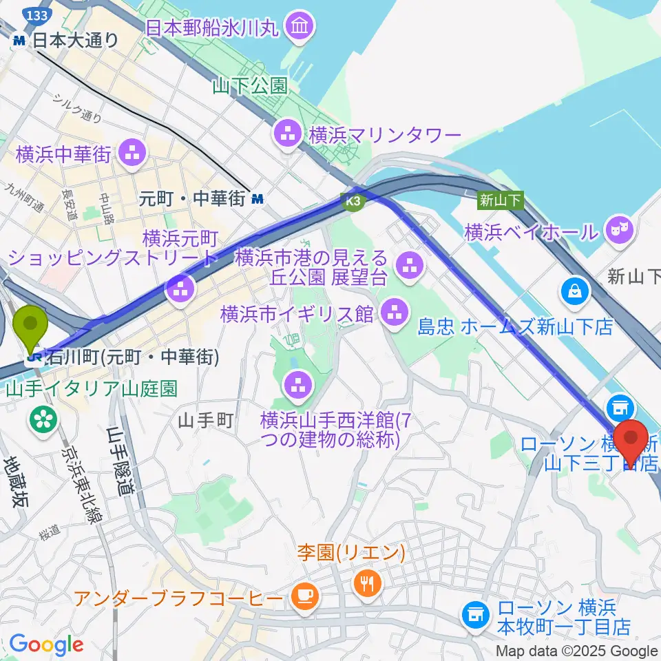 石川町駅から横浜市中スポーツセンターへのルートマップ地図