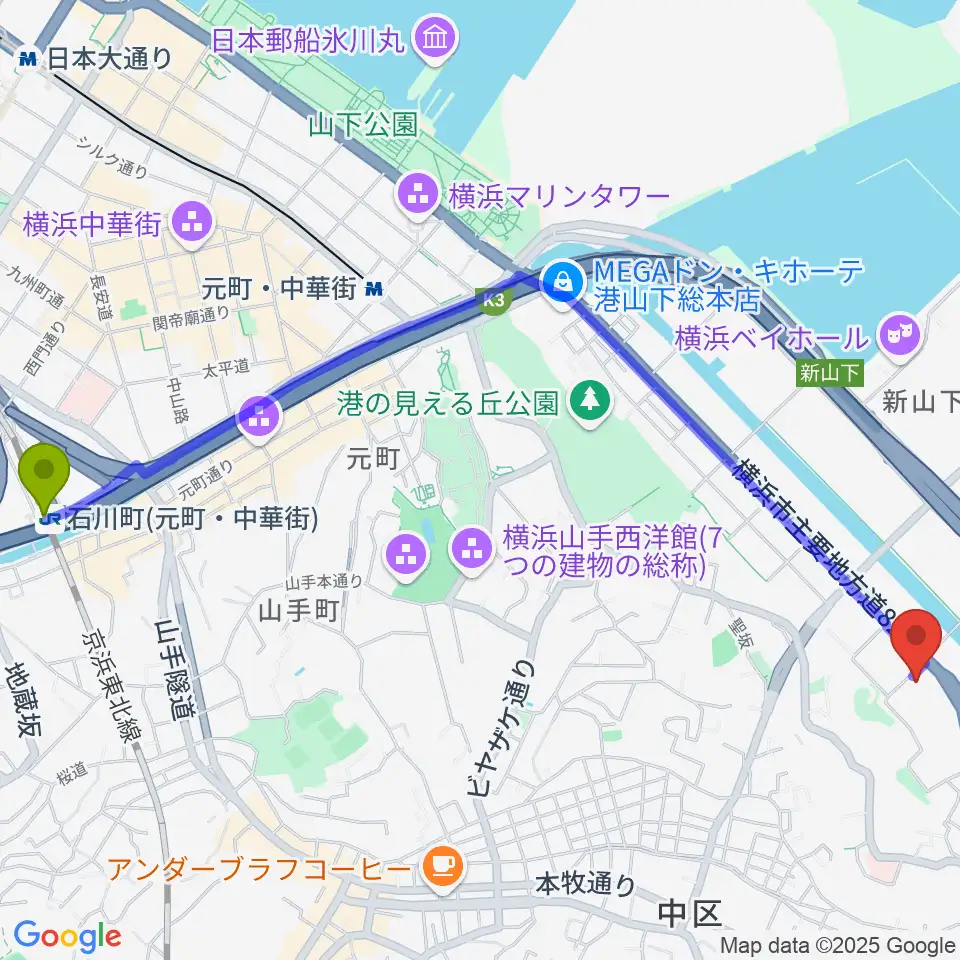 石川町駅から横浜市中スポーツセンターへのルートマップ地図