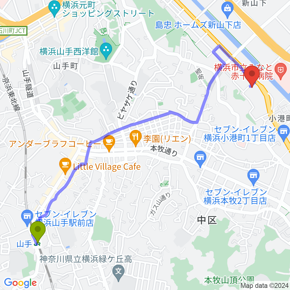 山手駅から横浜市中スポーツセンターへのルートマップ地図
