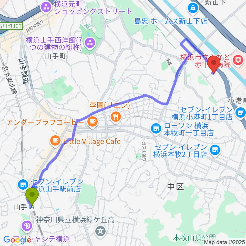 山手駅から横浜市中スポーツセンターへのルートマップ地図