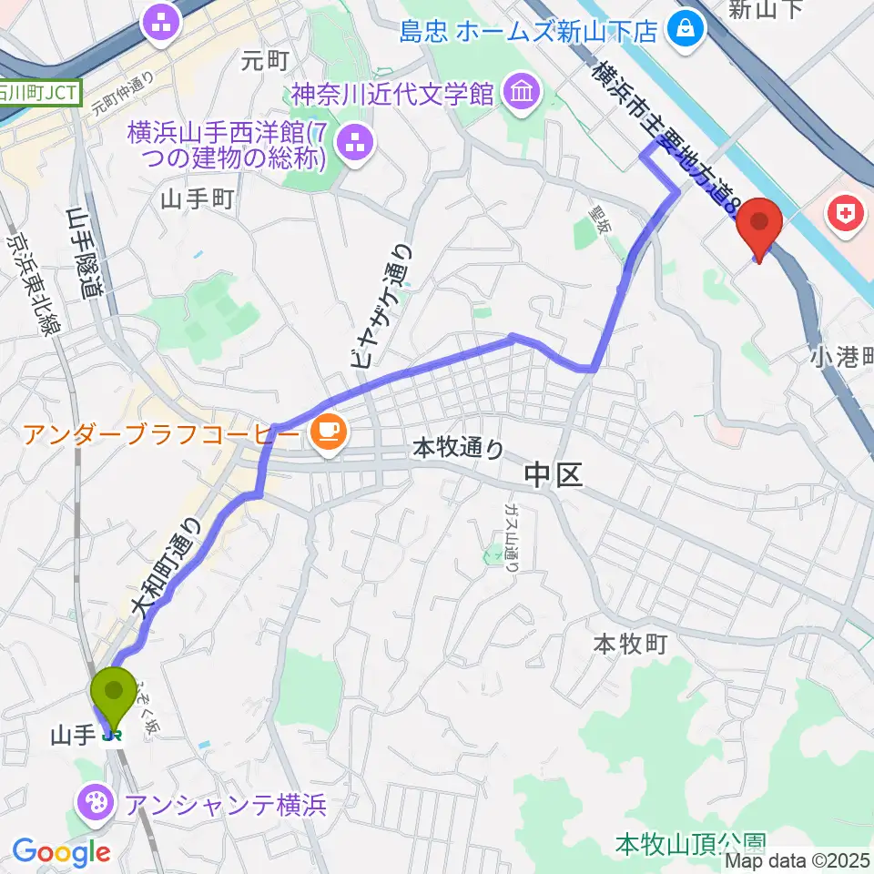 山手駅から横浜市中スポーツセンターへのルートマップ地図