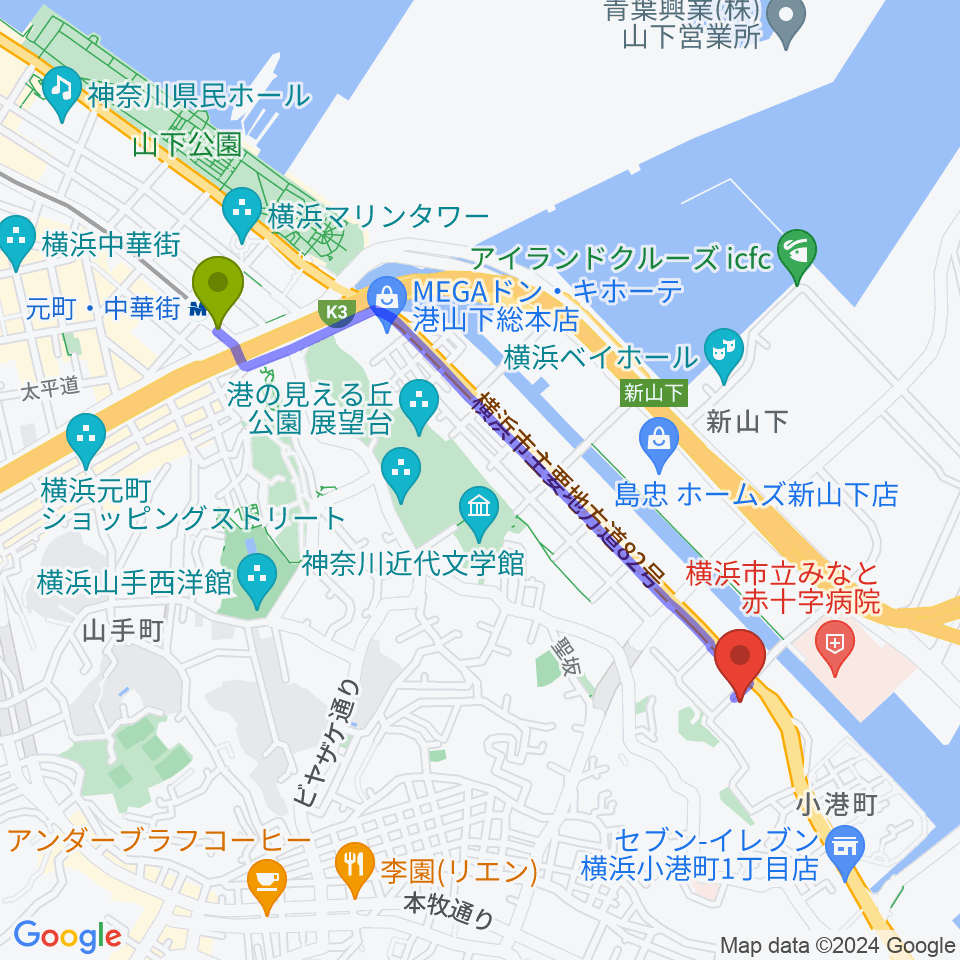 横浜市中スポーツセンターの最寄駅元町・中華街駅からの徒歩ルート（約21分）地図
