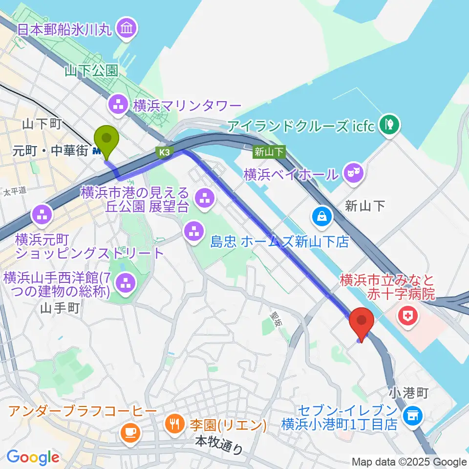 横浜市中スポーツセンターの最寄駅元町・中華街駅からの徒歩ルート（約21分）地図