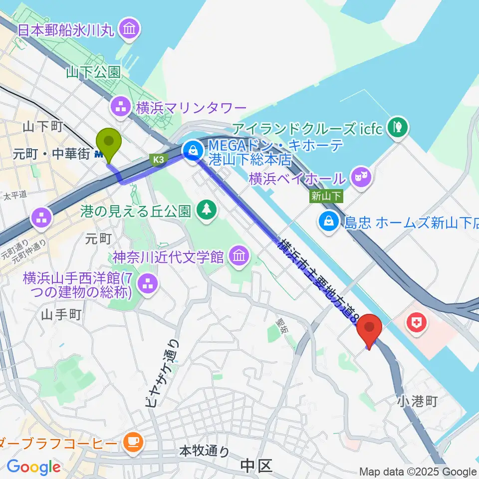 横浜市中スポーツセンターの最寄駅元町・中華街駅からの徒歩ルート（約21分）地図