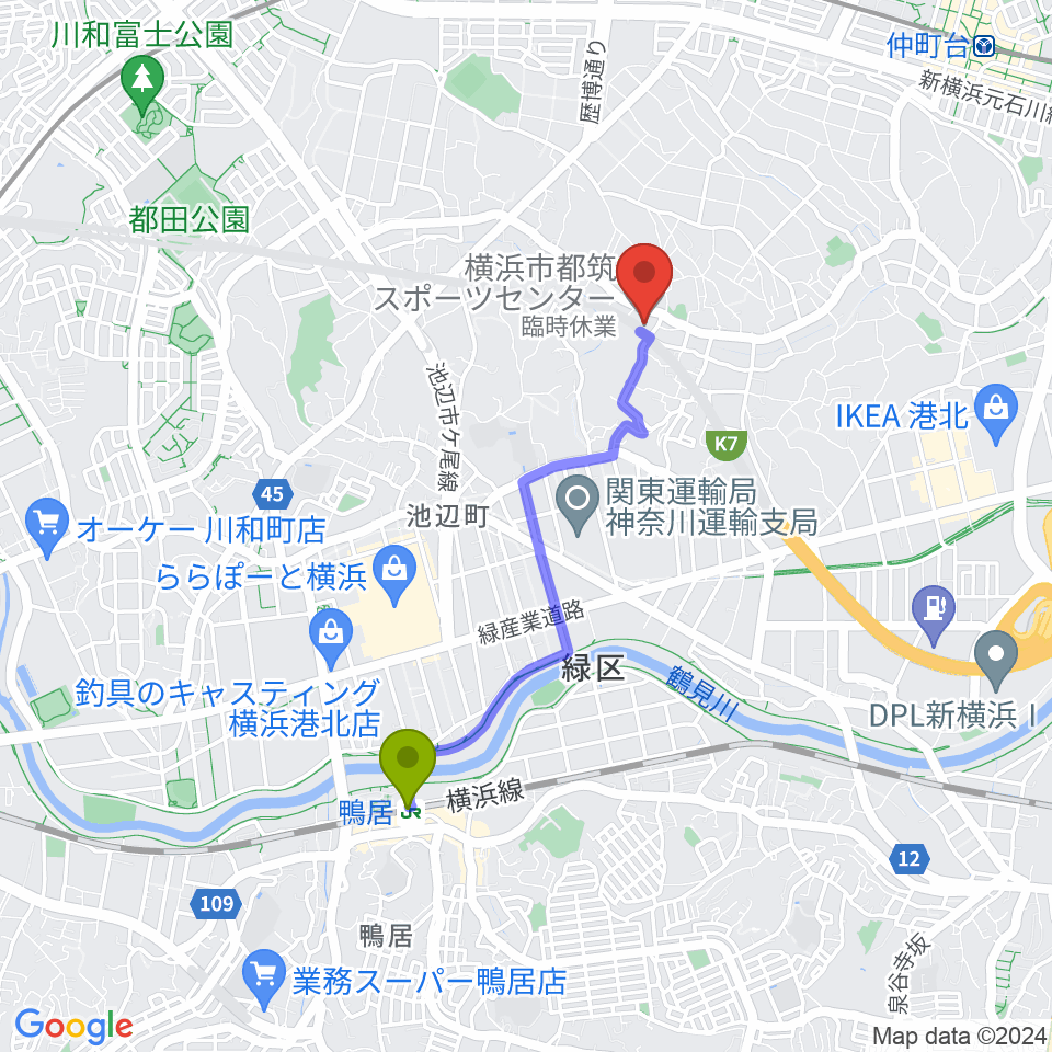 鴨居駅から横浜市都筑スポーツセンターへのルートマップ地図