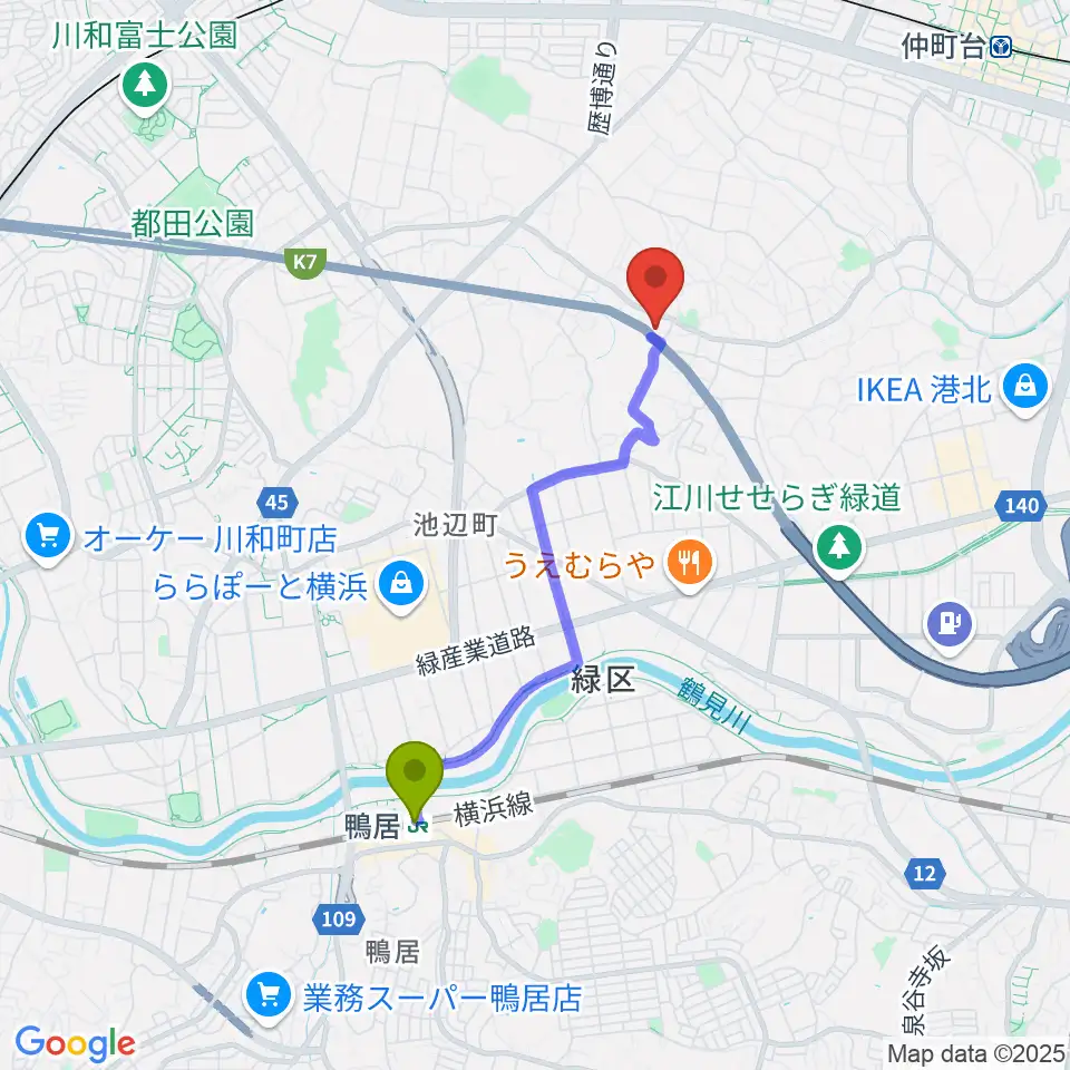 鴨居駅から横浜市都筑スポーツセンターへのルートマップ地図