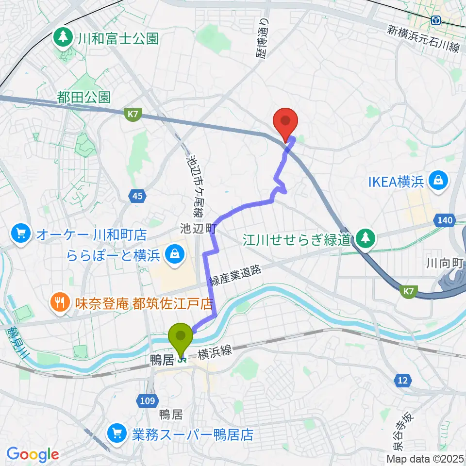 鴨居駅から横浜市都筑スポーツセンターへのルートマップ地図