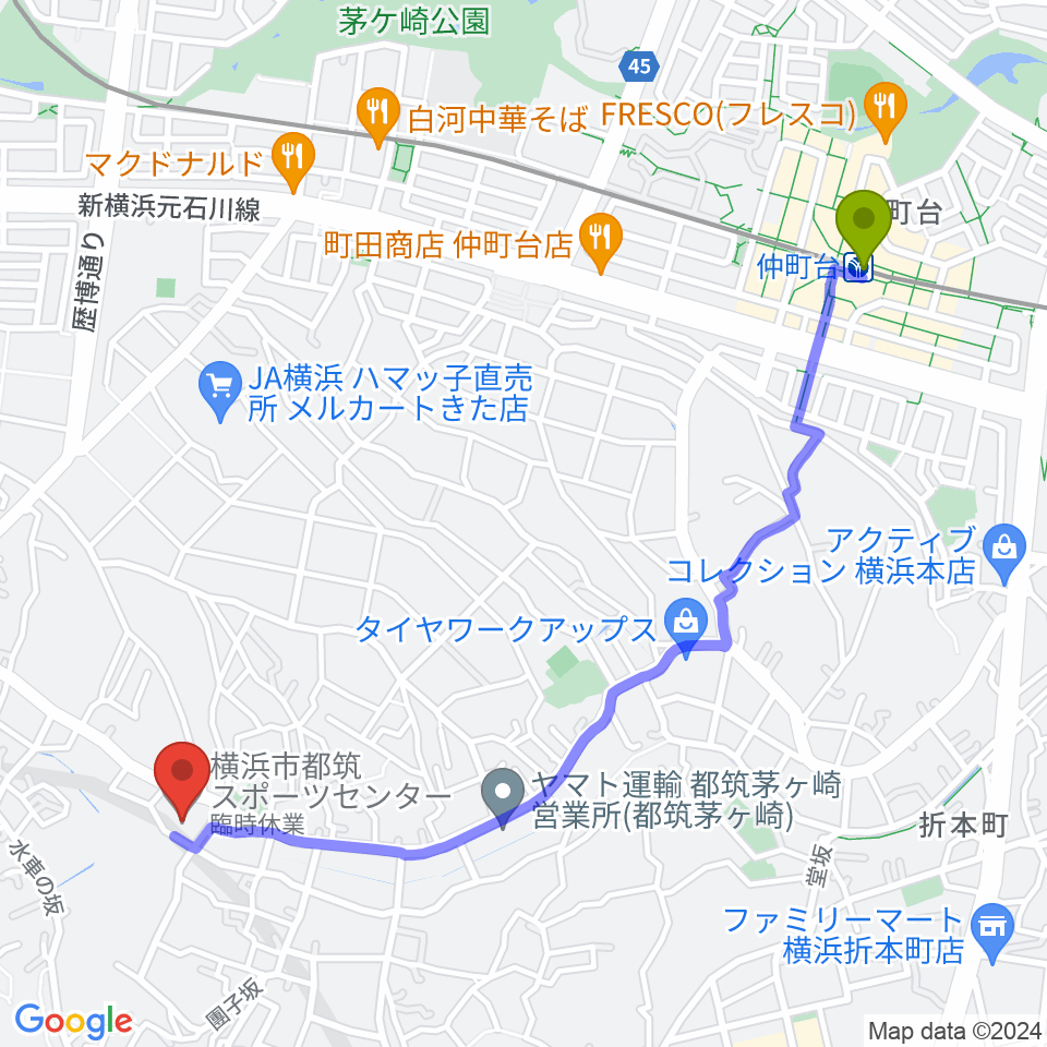 横浜市都筑スポーツセンターの最寄駅仲町台駅からの徒歩ルート（約26分）地図