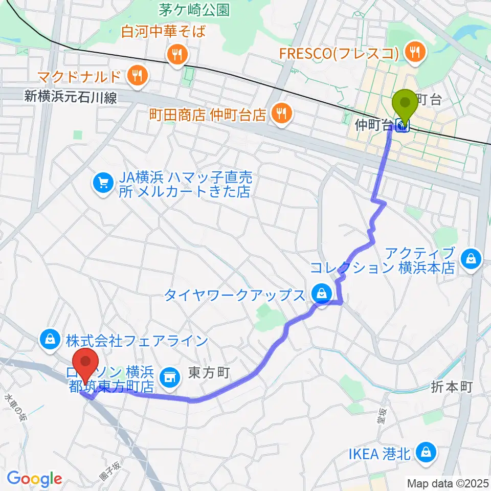 横浜市都筑スポーツセンターの最寄駅仲町台駅からの徒歩ルート（約26分）地図