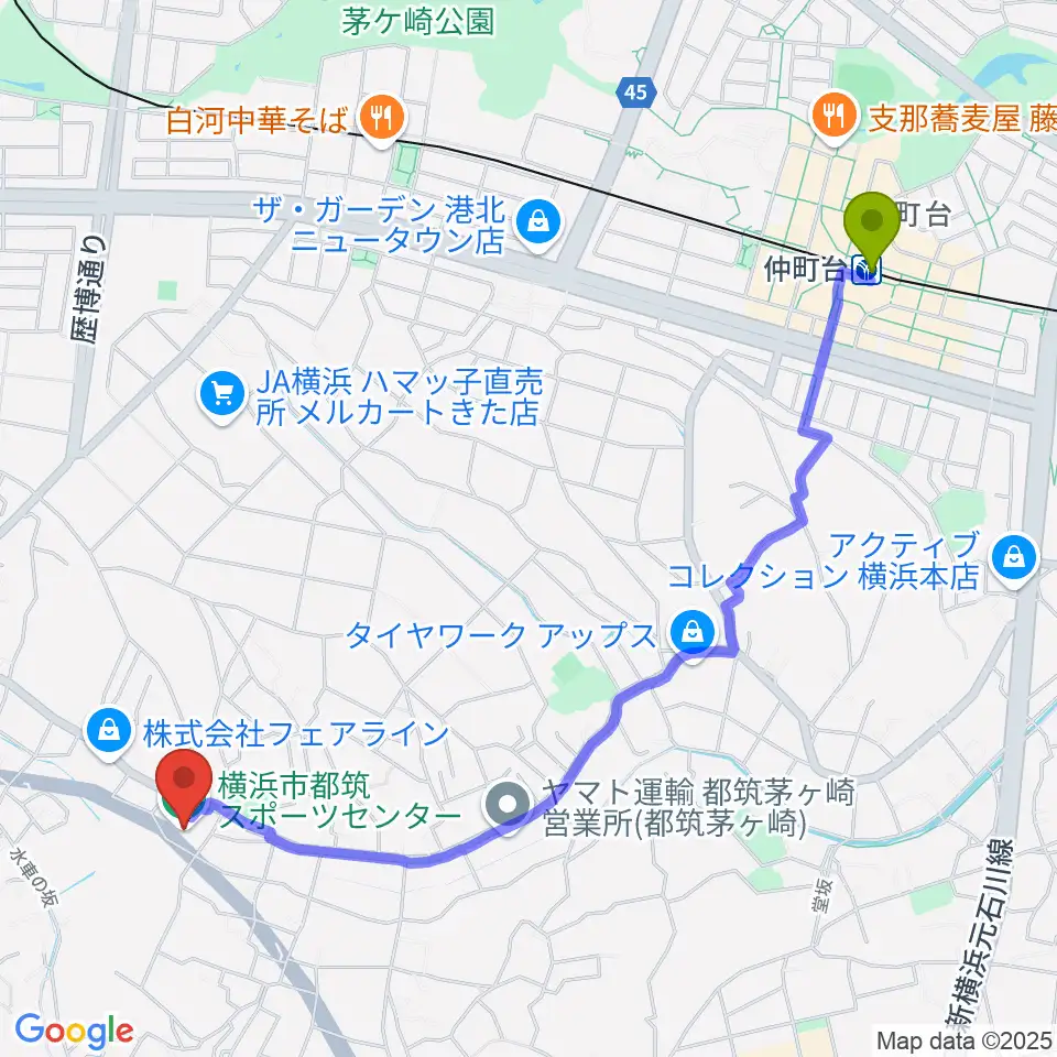 横浜市都筑スポーツセンターの最寄駅仲町台駅からの徒歩ルート（約26分）地図
