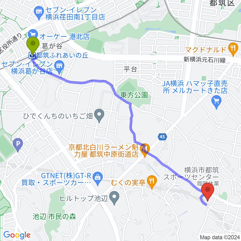 都筑ふれあいの丘駅から横浜市都筑スポーツセンターへのルートマップ地図