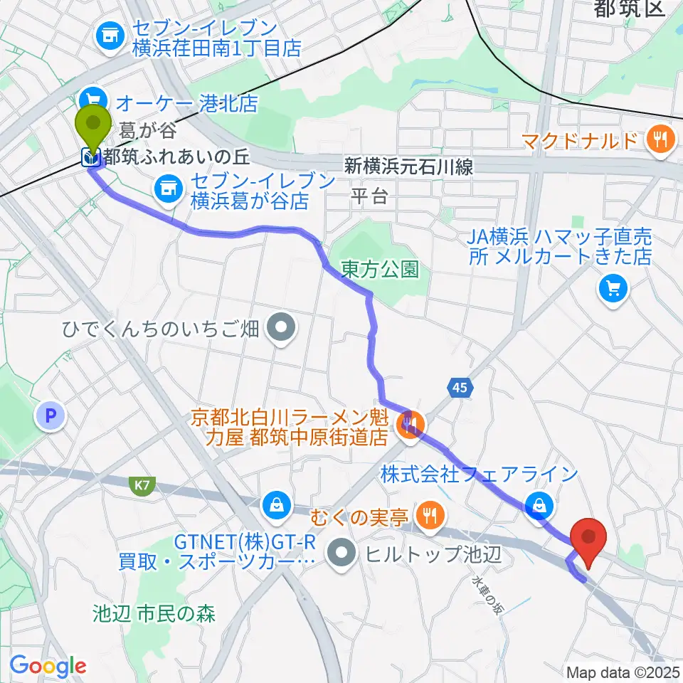 都筑ふれあいの丘駅から横浜市都筑スポーツセンターへのルートマップ地図