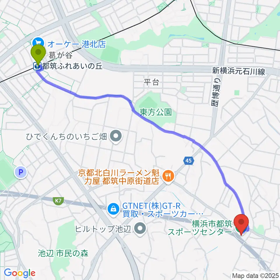 都筑ふれあいの丘駅から横浜市都筑スポーツセンターへのルートマップ地図