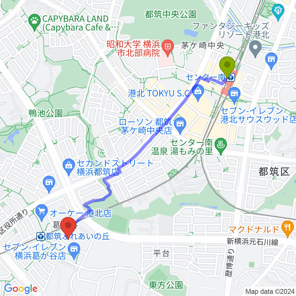 センター南駅から横浜市都筑プールへのルートマップ地図