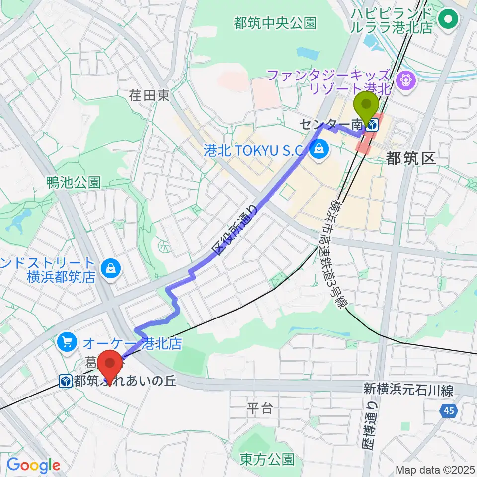 センター南駅から横浜市都筑プールへのルートマップ地図