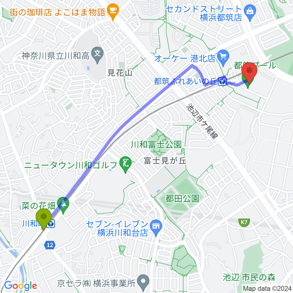 川和町駅から横浜市都筑プールへのルートマップ地図
