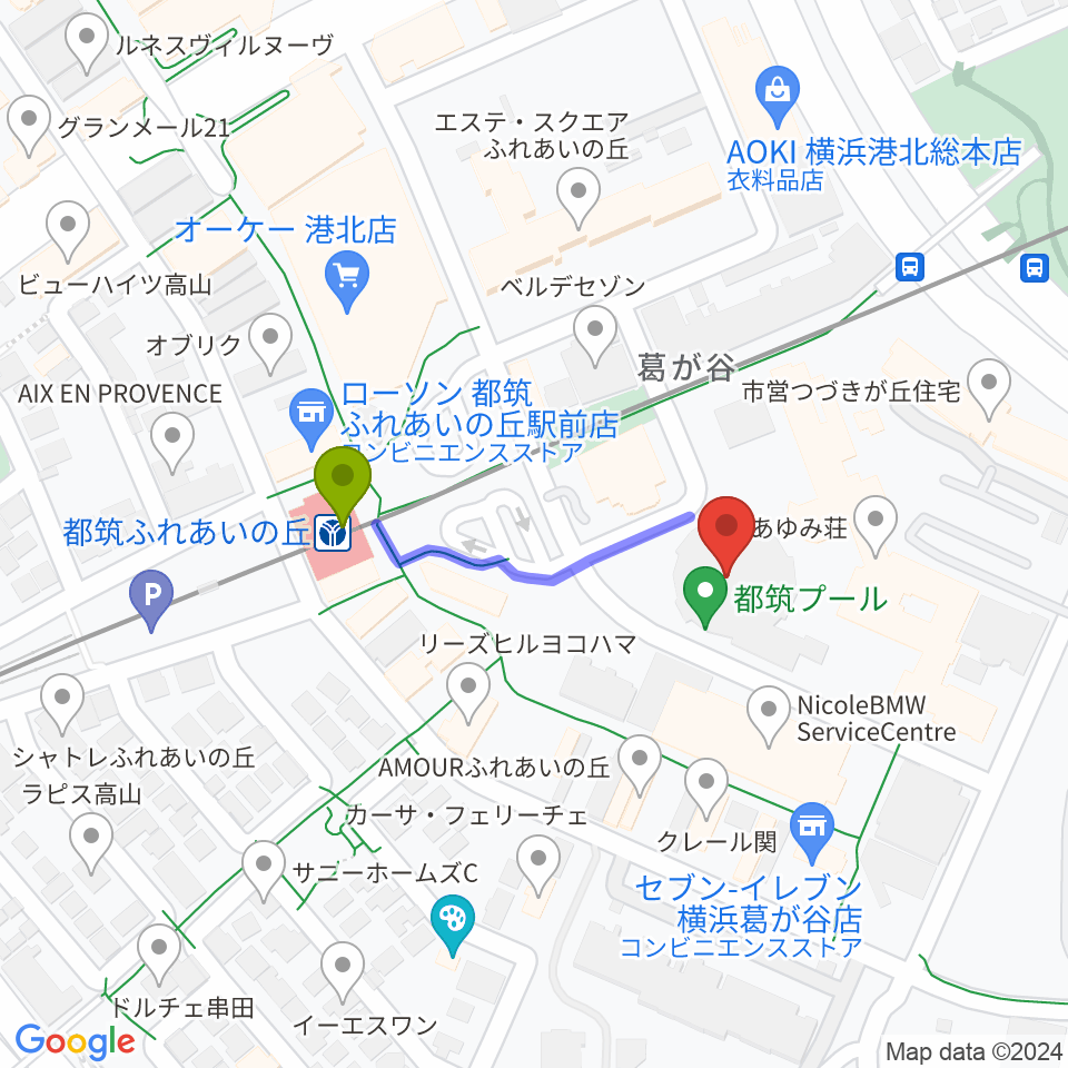 横浜市都筑プールの最寄駅都筑ふれあいの丘駅からの徒歩ルート（約3分）地図